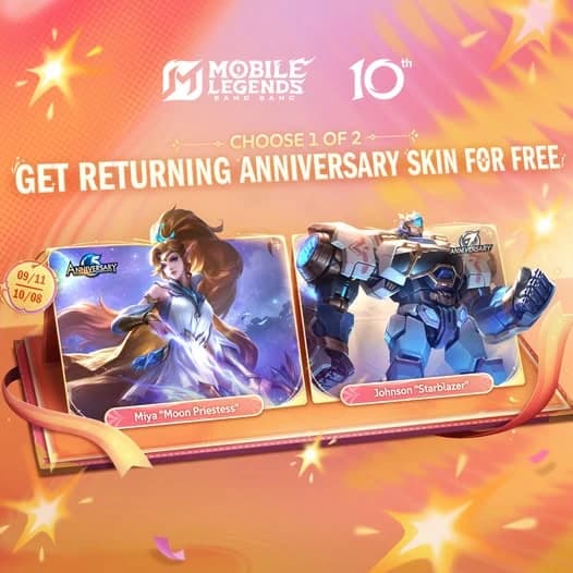 MLBB 10th Anniversary Bawa Skin Gratis! Miya Moon Priestess dan Johnson Starblazer Bisa Dipilih