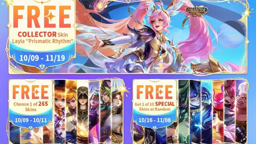 MLBB 10th Anniversary Wave 4 Dimulai 9 Oktober! Ada Layla Collector Gratis, 265 Skin Pilihan, hingga 300 Skin Trial